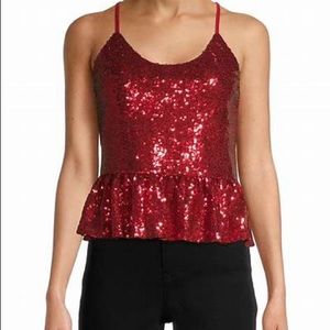 NWT Red Sequin Ruffled Camisole Spaghetti Strap Lined  Top Juniors 7 9 M